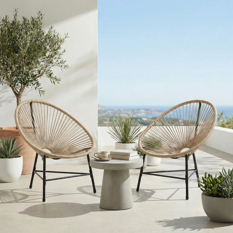 Outsunny Set de 2 Scaune Acapulco din Ratan, Structură din Oțel, pentru Balcon și Verandă