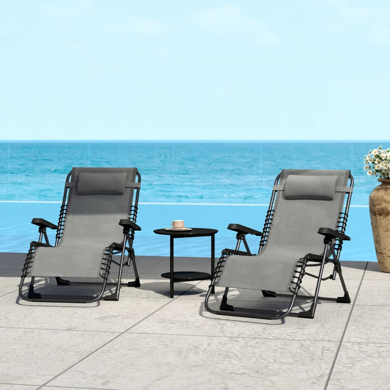 Outsunny Set 2 lettini pieghevoli in textilene con poggiatesta, 90x65x112 cm, Grigio
