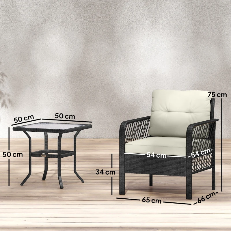 Outsunny 3 Pieces Rattan Bistro Set with Glass Top Coffee Table, Chairs and Cushions for Outdoor, Patio, Balcony, Cream
