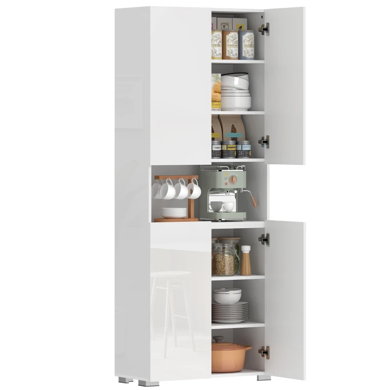 HOMCOM Alacena de Cocina con 4 Puertas Compartimento Abierto Estantes Ajustables 68x34x180 cm Blanco Brillo