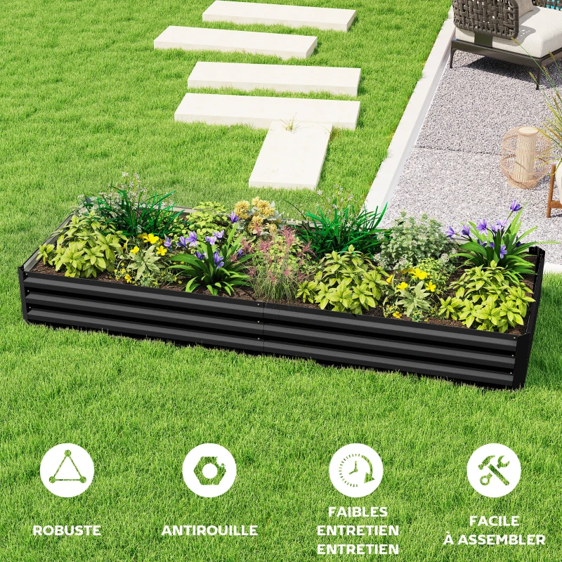 Outsunny Carré potager de jardin rectangulaire jardinière extérieure 241 x 90,5 x 30 cm tôle d'acier ondulée noir