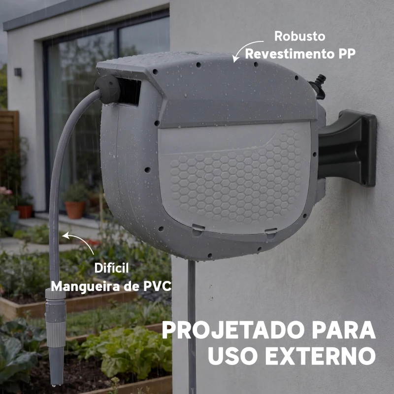Outsunny Carretel de Mangueira para Jardim 20+1,9 m com Bico de 2 Modos Bloqueio Automático e Retracção Suporte Orientável 180° Cinza