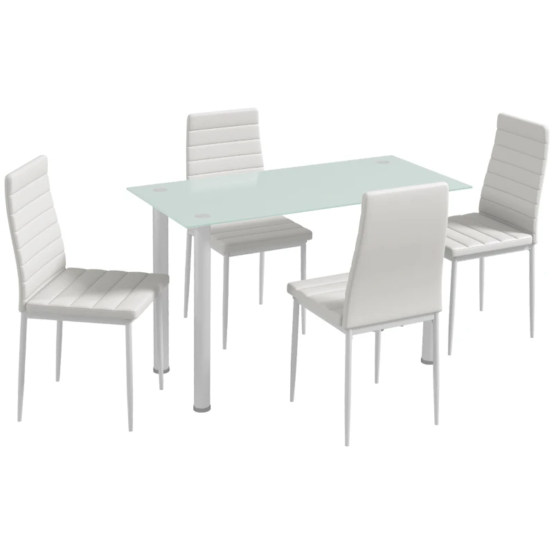 HOMCOM Ensemble de table à manger avec 4 chaises plateau en verre trempé, pieds en acier, pour cuisine salon blanc