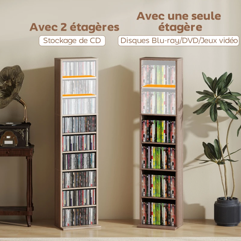 HOMCOM Rangements pour CD et DVD 9 compartiments et 6 étagères réglables capacité max. 260 CD/120 DVD 33 x 24 x 140 cm bois naturel