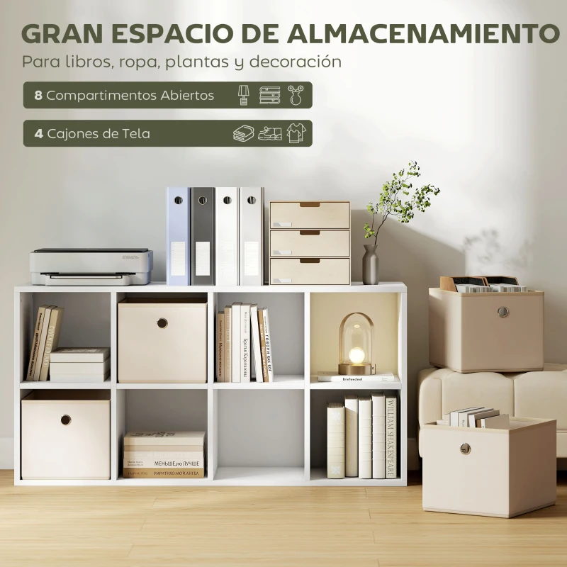 HOMCOM Estantería de 8 Cubos con 4 Cajones de Tela Horizontal o Vertical para Salón Dormitorio 105,9x30x53,7 cm Blanco y Beige