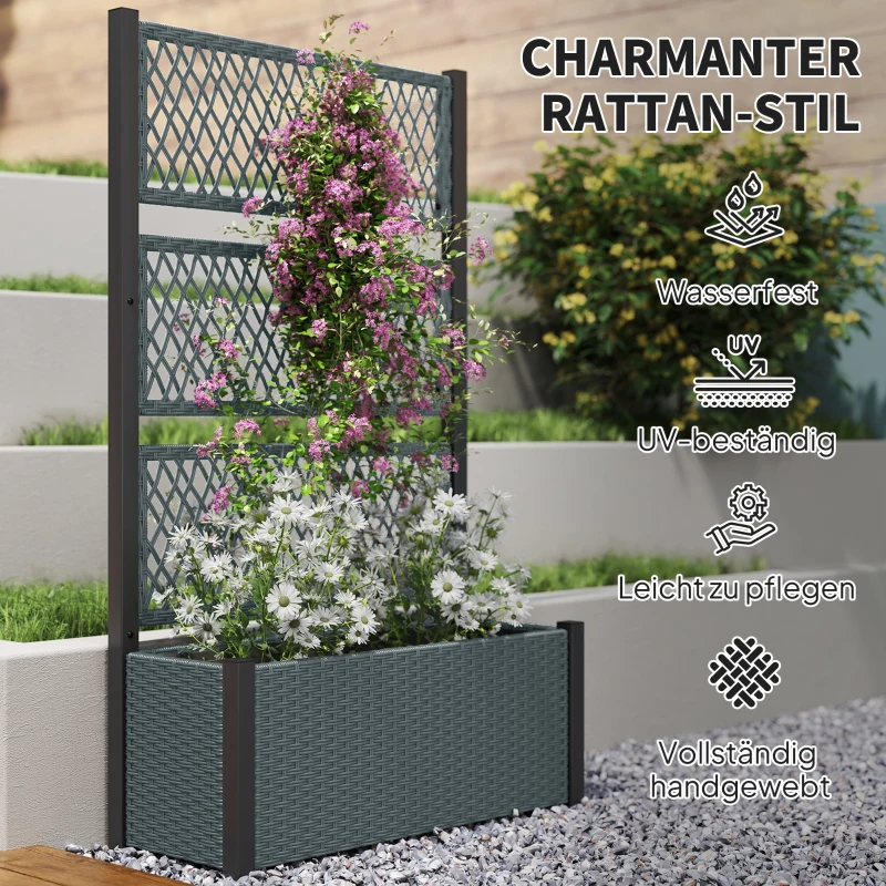 Outsunny Hochbeet mit Rankgitter in Rattan-Optik Pflanzkasten Blumenkasten mit Rankhilfe 90 x 35 x 148cm Dunkelgrau