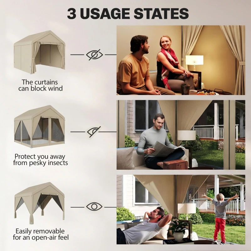 Outsunny 3 x 3 m Patio Gazebo with Netting & Curtains, Outdoor Canopy Shelter with Galvanised Steel Frame, Khaki