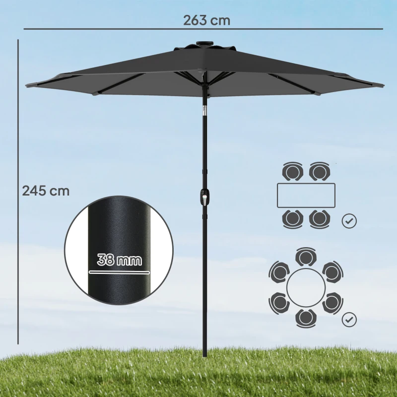 Outsunny 2.6 m Garden Parasol Umbrella with LED Solar Light, Parasol Cover, Outdoor Market Patio Umbrella, Black