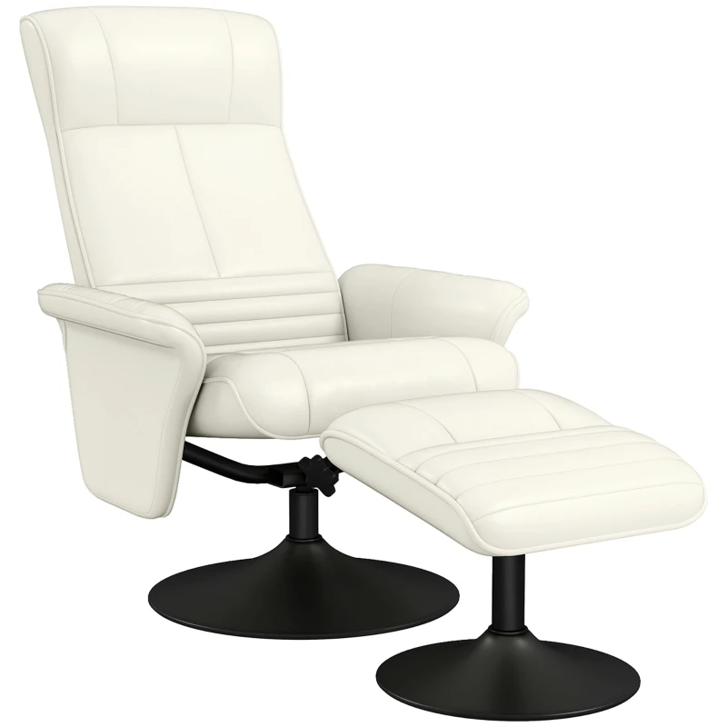 HOMCOM Poltrona relax girevole con pouf e rivestimento effetto microfibra, Bianco crema