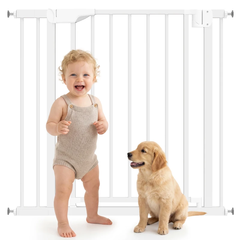 PawHut Barrera de Seguridad para Niños y Perros Ancho 76-89 cm Bloqueo Doble y Cierre Automático Apertura Dos Sentidos Blanco