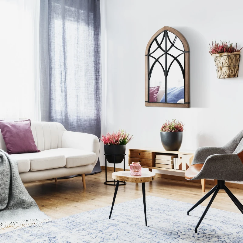 HOMCOM Specchio da Parete ad Arco con Dettagli Moderni e Ganci, in Legno e Vetro, 60x93 cm, Marrone e Nero