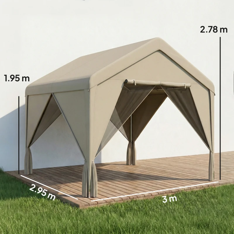 Outsunny 3 x 3 m Patio Gazebo with Netting & Curtains, Outdoor Canopy Shelter with Galvanised Steel Frame, Khaki