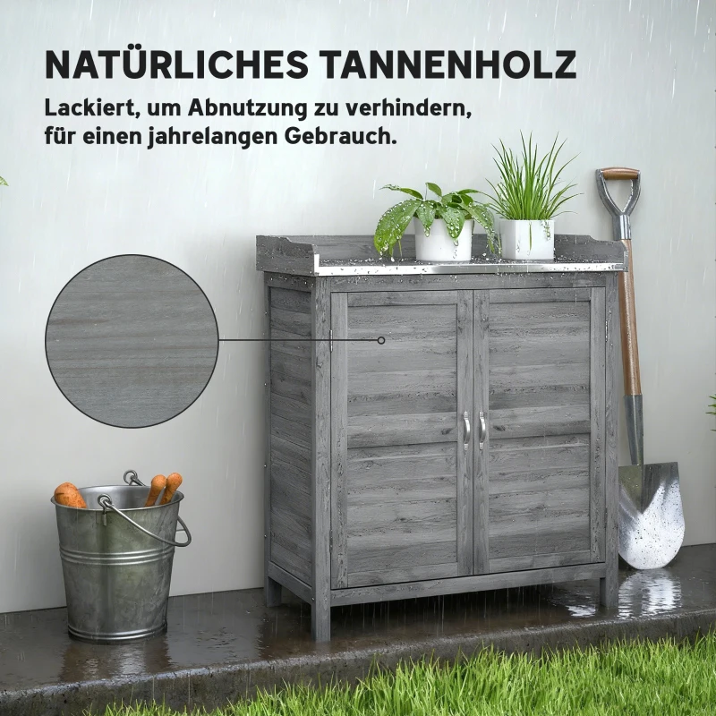 Outsunny Gartenschrank mit Pflanztisch, Holz Geräteschuppen mit verzinkter Arbeitsplatte 2 Regalböden Grau