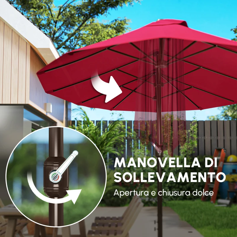 Outsunny Ombrellone da Giardino XXL 4,6L x 2,7l x 2,4H cm con Base a Croce, Apertura e Chiusura con Manovella, Acciaio e Poliestere ad Alta Densità, Rosso Bordeaux