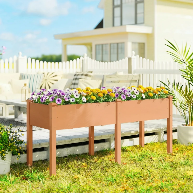 Outsunny Pat de grădină urban ridicat din lemn 184x59x76,5 cm cu 6 orificii de drenaj pentru cultivare plante flori Maro