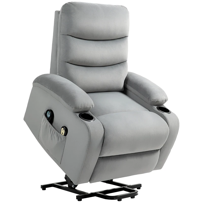 HOMCOM Fauteuil releveur inclinable massant et chauffant, tissu aspect velours avec porte-gobelets, pochette latérale, gris