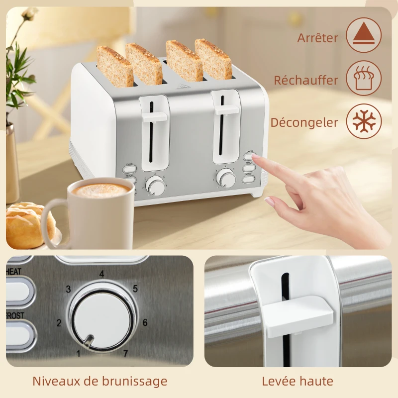 HOMCOM Ensemble bouilloire et grille-pain, bouilloire en acier inoxydable 1,7 L et 2200 W et grille-pain à 4 tranches, blanc