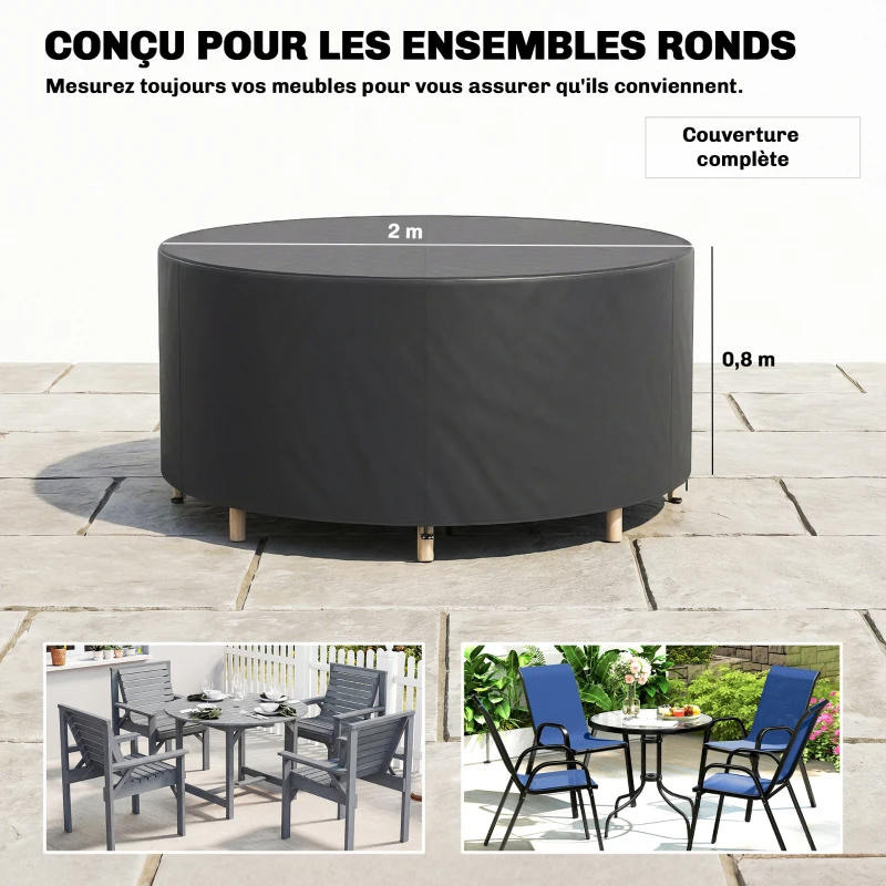 Outsunny Housse de mobilier de jardin imperméable pour table ronde, tissu Oxford 420D pour jardin extérieur, Ø200 x 80 cm, noir