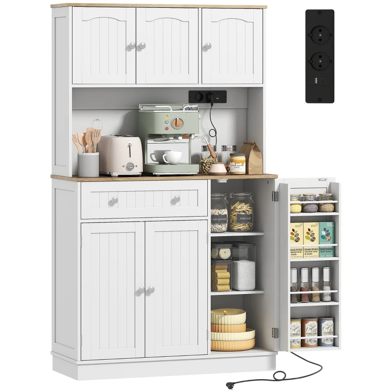 HOMCOM Alacena de Cocina con Estación de Carga 6 Puertas 1 Cajón Estantes Ajustables Encimera Amplio 100x40x173 cm Blanco