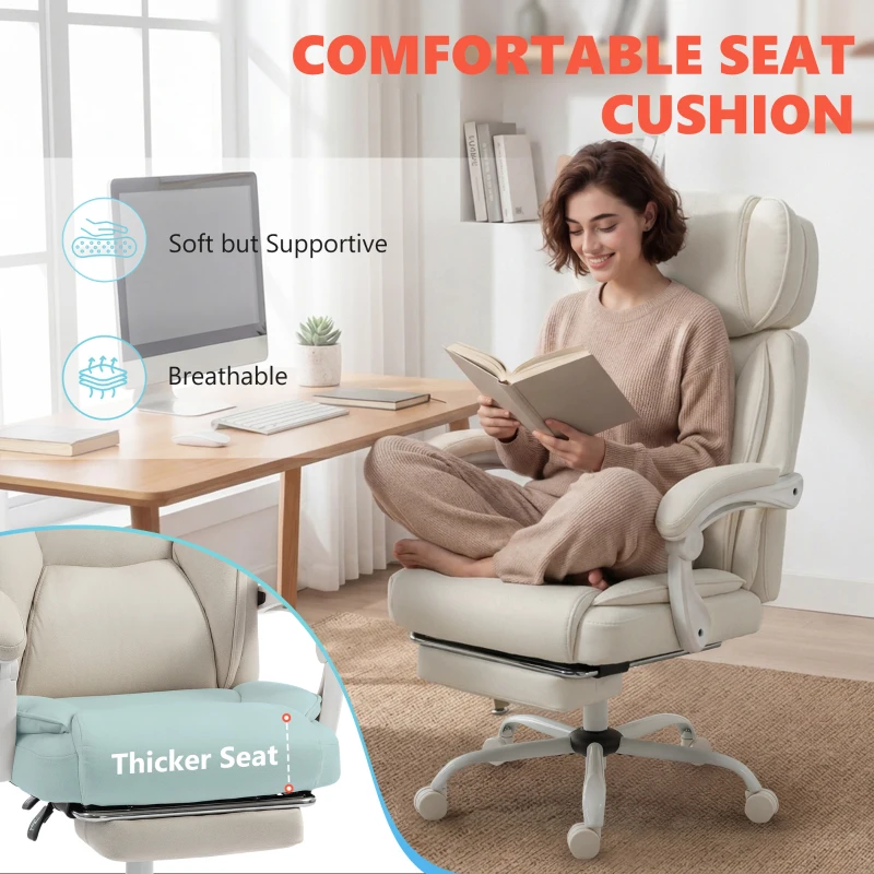 HOMCOM Wysokie krzesło biurowe z masażem wibracyjnym i podgrzewaniem, ergonomiczne, regulowane, z podnóżkiem, kremowobiały