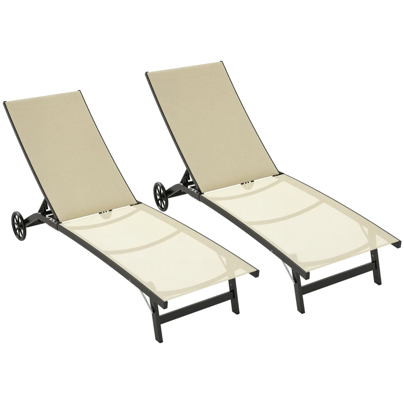 Outsunny Set de 2 șezlonguri din aluminiu și textilenă cu roți, spătar reglabil, sarcină max. 150 kg kaki