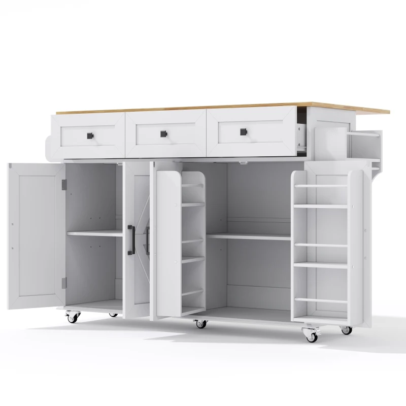 Practical Kitchen Island with 3 Drawers, Door-Mounted Shelf, Trendy Cart with Foldable Countertop, 140L x 70W x 90.5H cm, White+Natural