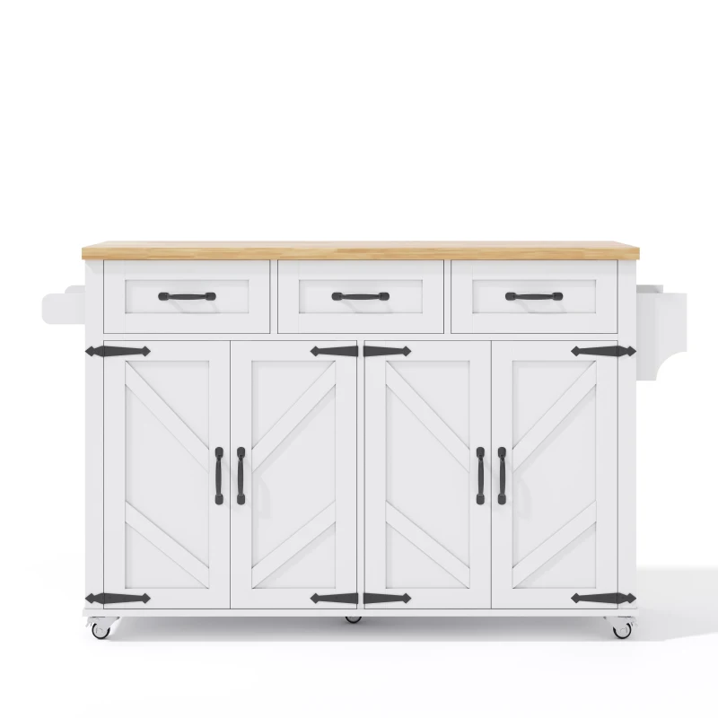 Mobile Kitchen Island with 5 Lockable Castors and Central Wheel, Practical Cart with Foldable Tabletop, 140L x 70W x 90.5H cm, White+Natural