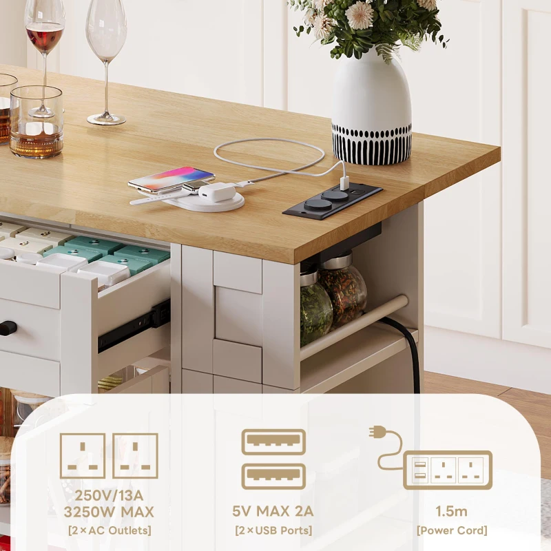 Mobile Kitchen Island with Foldable Tabletop and Sockets, Storage Buffet with Adjustable Shelves, 120L x 65W x 92H cm, White+Natural