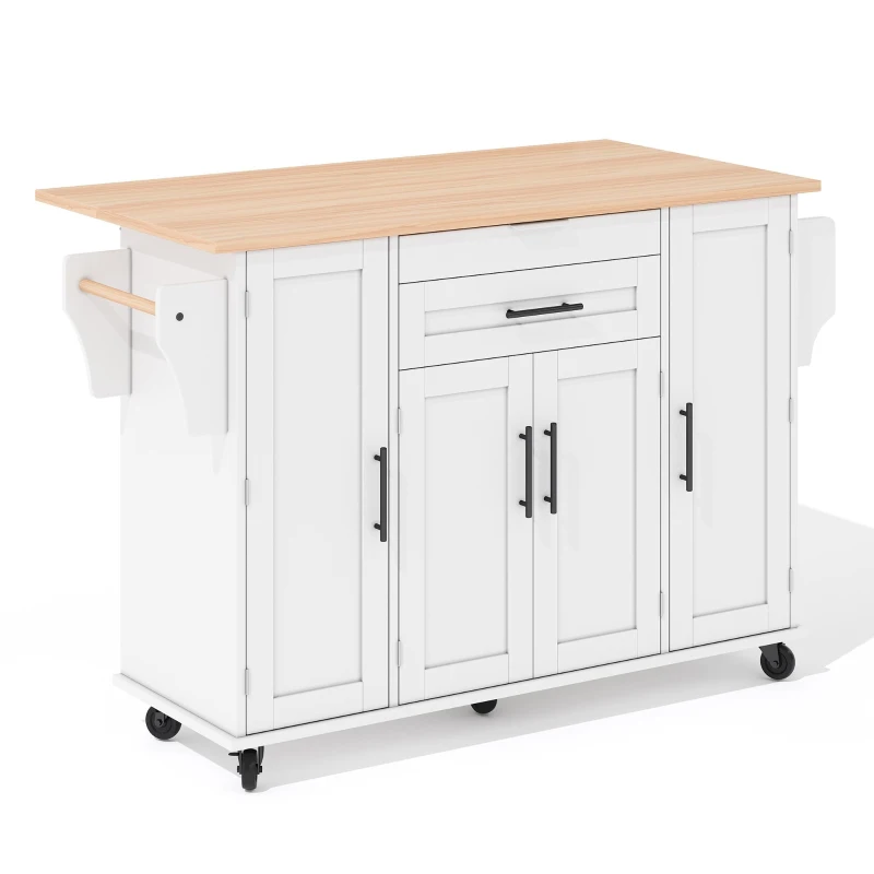 Versatile Kitchen Trolley with Fold-Out Worktop, Spacious Storage Island with Double-Door Cabinets, 136L x 70W x 92H cm, White+Natural