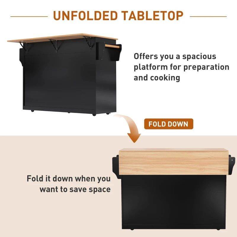 Contemporary Kitchen Storage Trolley with Foldable Dropleaf, Spacious Buffet with Towel Holders, 120L x 71W x 91.5H cm, Black+Natural