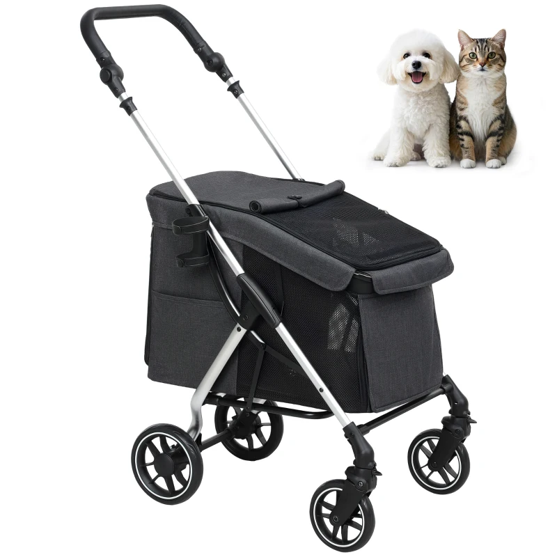 PawHut Passeggino per cani, carrello leggero e pieghevole con cuscino lavabile, finestre a rete, Grigio