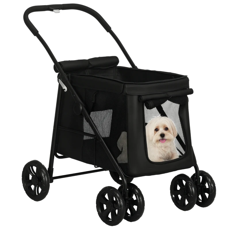 PawHut Trolley per cani pieghevole con cuscino e tasche, 102x62x105 cm, Nero
