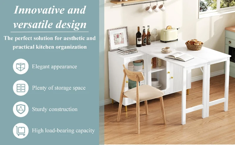 Multifunctional Bar Cabinet with Rotating Extendable Tabletop, Space-Saving Sideboard with Sliding Doors, 122L x 40W x 82H cm, White