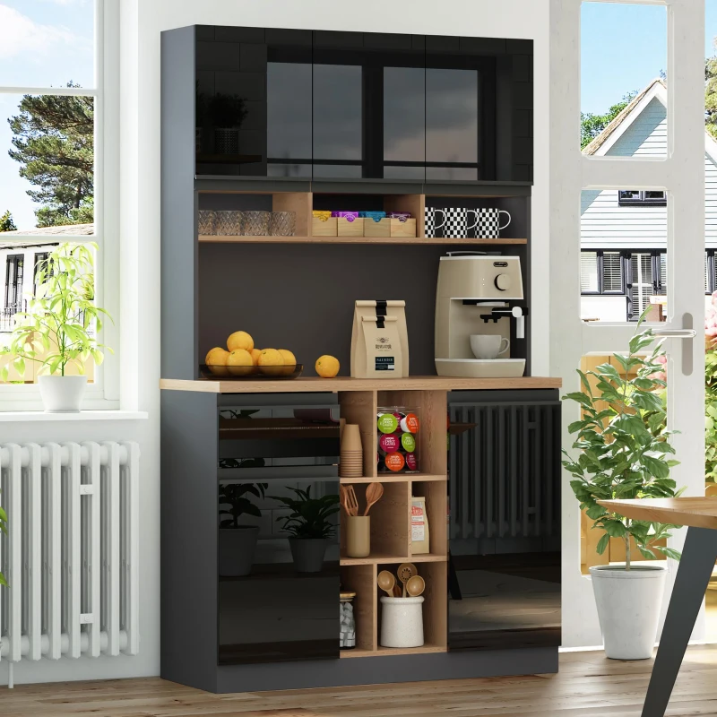 Stylish Kitchen Cabinet with 3 Smooth-Sliding Drawers, Versatile Sideboard with Adjustable Shelves, 105L x 45W x 185H cm, Black+Natural