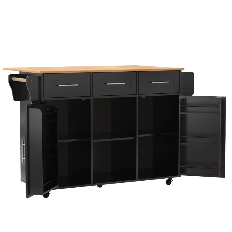Stylish Kitchen Trolley with Foldable Wood-Grain Countertop, Versatile Buffet with Interchangeable Wheels, 139L x 46W x 91H cm, Black+Natural