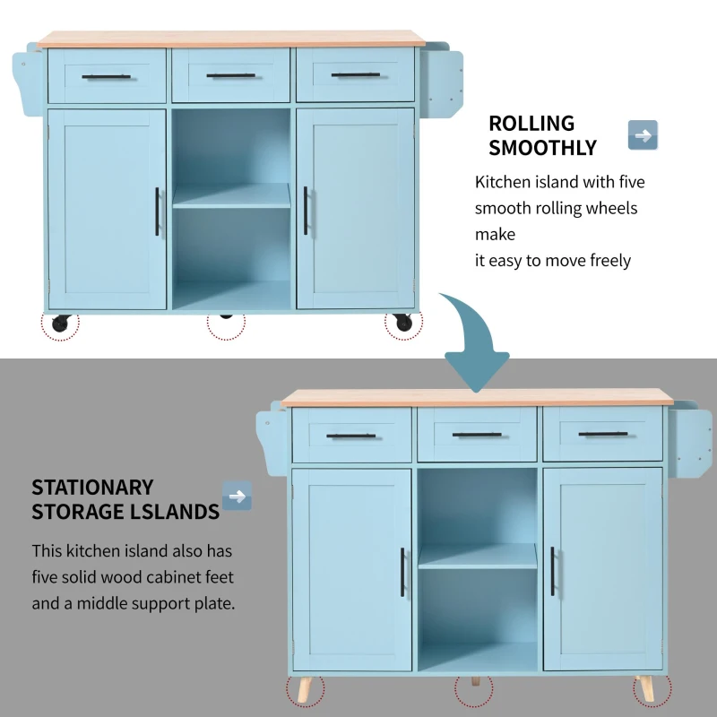 Stylish Kitchen Trolley with Foldable Wood-Grain Countertop, Versatile Buffet with Interchangeable Wheels, 139L x 46W x 91H cm, Blue