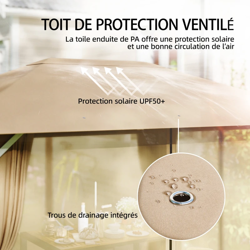 Outsunny Tonnelle de Jardin Pavillon Structure Stable en Métal 60mm Protection UV50+ et 10 Trous de Drainage 394x294x255cm Khaki