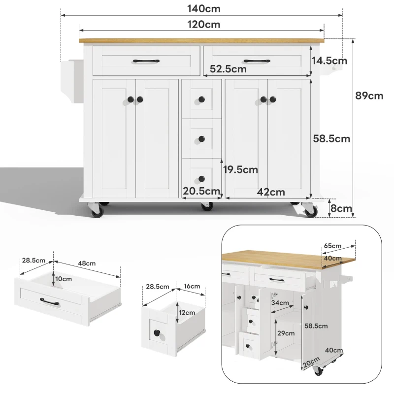 Versatile Kitchen Trolley with Extendable Worktop and 5 Drawers, Sturdy Buffet with Lockable Castors, 140L x 65W x 89H cm, White+Natural