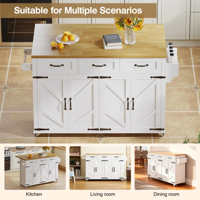 Mobile Kitchen Island with 5 Lockable Castors and Central Wheel, Practical Cart with Foldable Tabletop, 140L x 70W x 90.5H cm, White+Natural