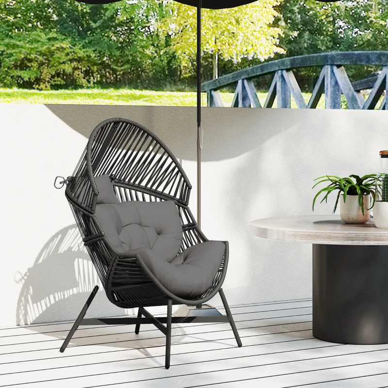Outsunny Rattan Egg Chair, Oversized Freestanding Garden Egg Chair with Thick Tufted Cushion, Headrest, Steel Frame for Indoor and Outdoor Use, Charcoal Grey