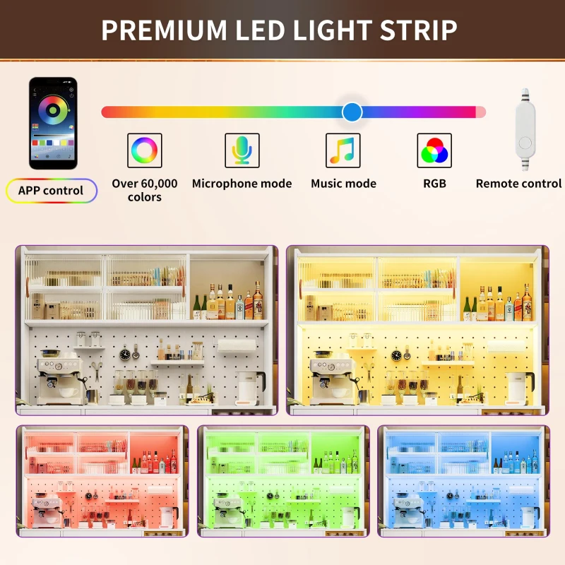 Trendy Sideboard with App-Controlled LED and MDF Pegboard, Tall Storage Cabinet with Sliding Door, 45L x 39W x 171H cm, White