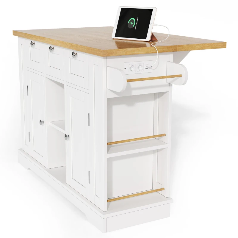 Versatile Kitchen Island with 3 Drawers and 2‑Door Cupboards, Practical Trolley with Extendable Worktop, 132L x 70W x 87H cm, White+Natural