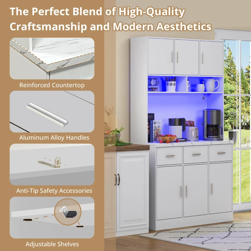 Stylish Tall Pantry Cabinet with App-Controlled LED, Spacious Larder Unit with Water-Resistant Worktop, 100L x 40W x 180H cm, White