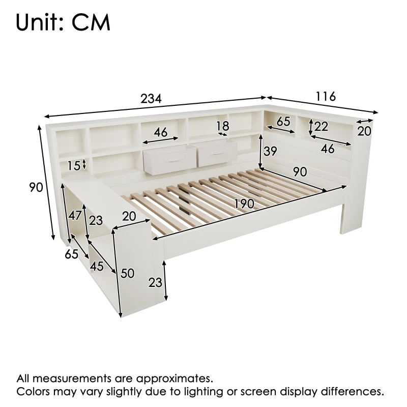 Practical Platform Bed with USB, Type-C Charging Ports and Bookcase, L-Shaped Bed with Triple-Side Storage, 234L x 116W x 90H cm, White
