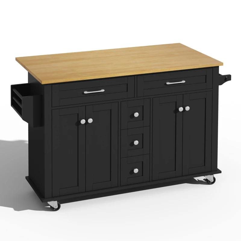 Versatile Kitchen Trolley with Extendable Worktop and 5 Drawers, Sturdy Buffet with Lockable Castors, 140L x 65W x 89H cm, Black+Natural