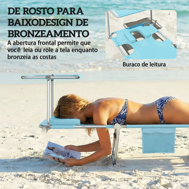 Outsunny Conjunto de 2 Espreguiçadeiras Dobráveis com Dossel 360° Encosto 5 Posições Orifício Facial 188x56x27 cm Azul Claro