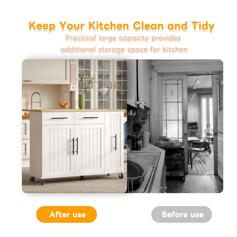 Sleek Kitchen Trolley with Drop Leaf and Pull-Out Organiser, Mobile Kitchen Island with Lockable Castors, 120L x 40W x 90H cm, White+Natural