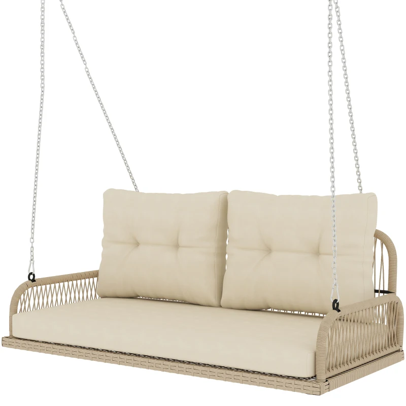 Outsunny Balansoar Hollywood 2 locuri din ratan, leagăn de grădină cu perne și lanțuri, până la 240 kg 115 x 66 x 44 cm Bej