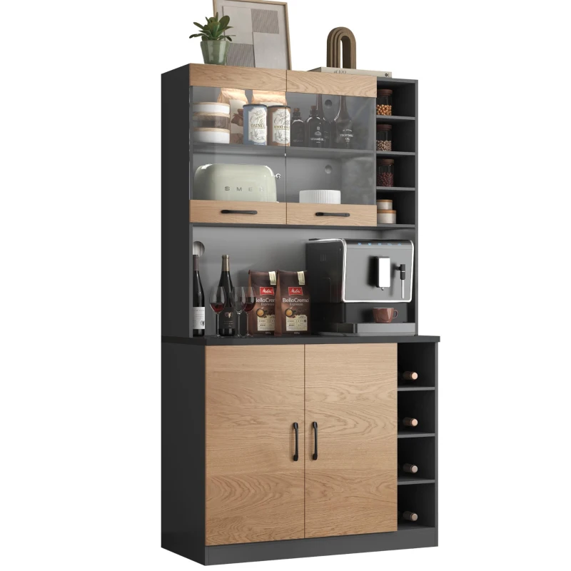 Tall Kitchen Cupboard with LED Lighting, Generous Storage, Freestanding Pantry with Microwave Shelf, 100L x 47W x 187H cm, Natural+Grey