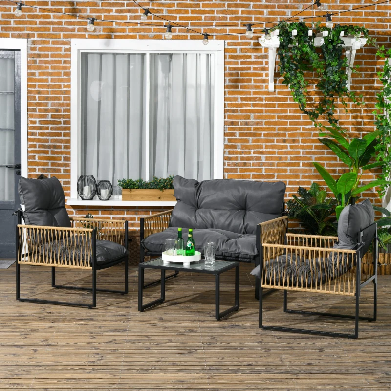 Outsunny Set mobilier grădină 4 piese canapea 2 locuri 2 fotolii și 1 măsuță blat din sticlă securizată 3 perne - gri